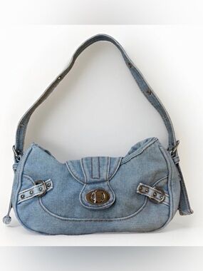 Blue Denim Shoulder Bag Turnlock Purse Light Wash Y2K Crescent Style Cotton Sz S